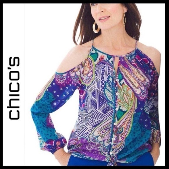 Chico's Whimsey Cold Shoulder Tie Front Top Medium - Picture 1 of 12